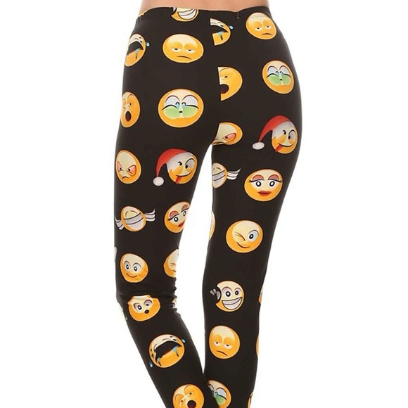 Black Emoji Pattern Leggings Stretchy Fun - Picture 2 of 3